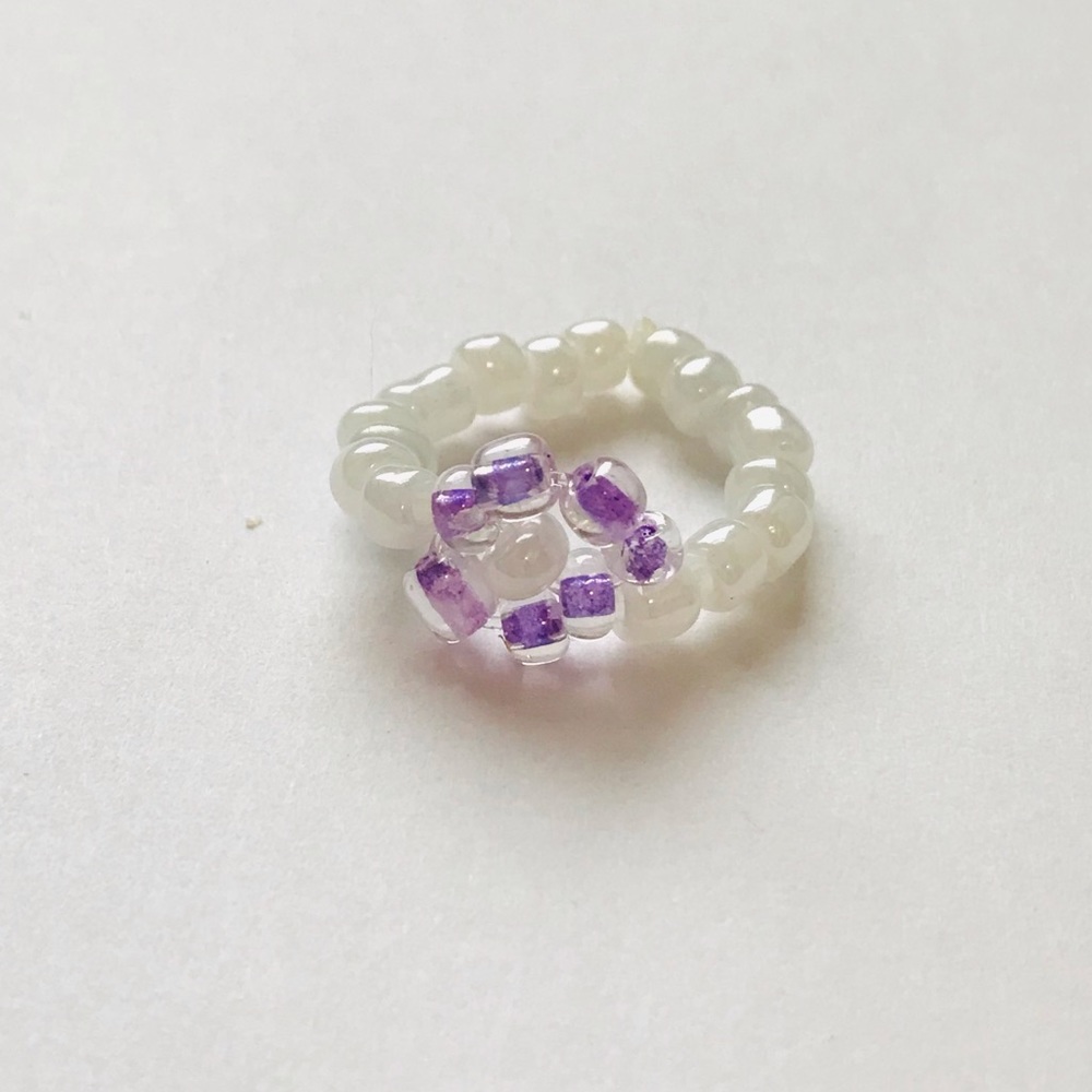 Handmade Beaded Purple and White Ring